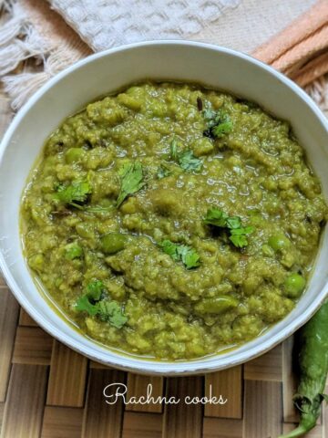 green peas curry in a white bowl