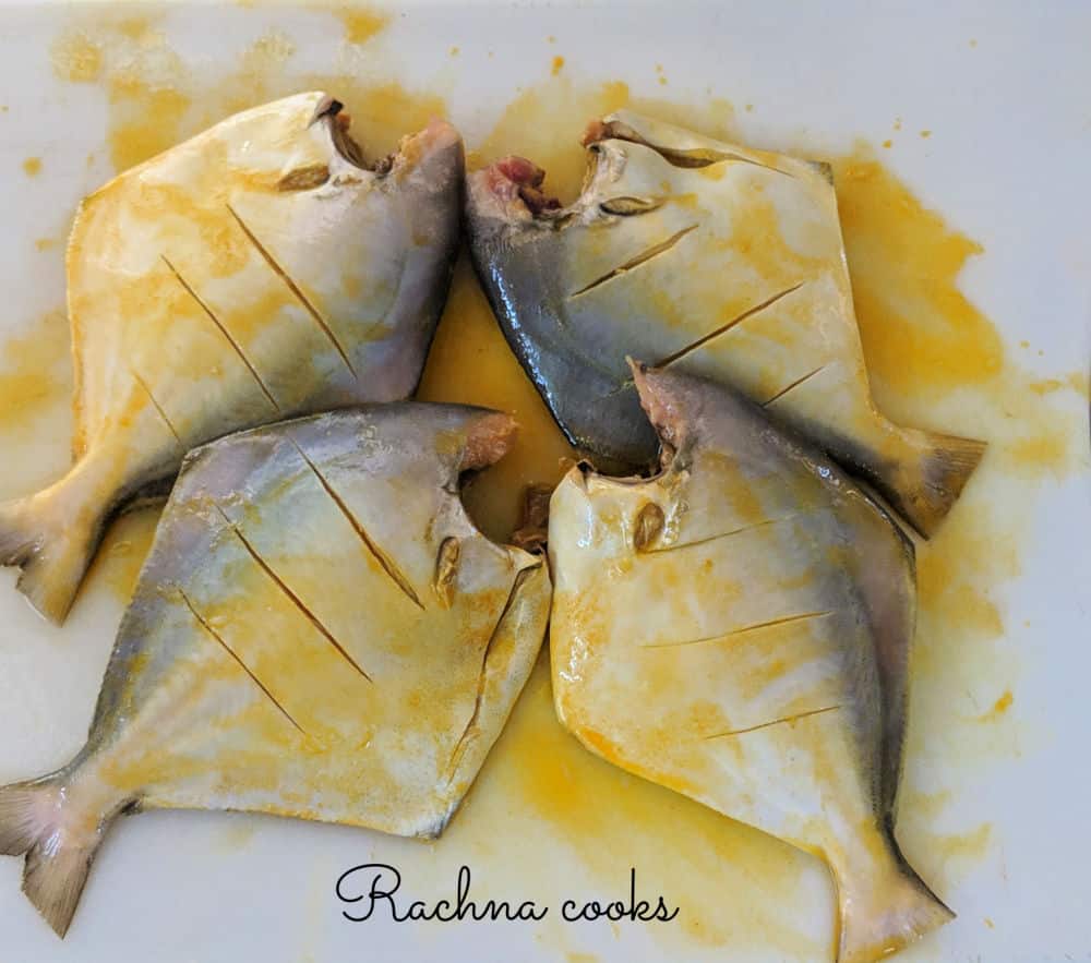 pomfret fishes marinated in lemon juice, salt and turmeric powder.