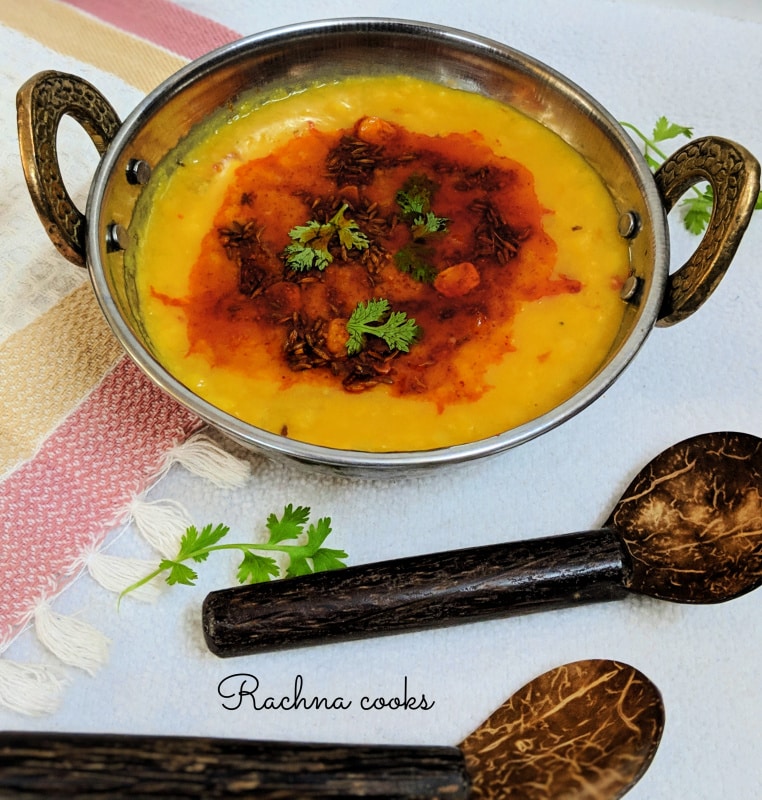 Punjabi dal tadka or lentils with a nice tadka in a wok.