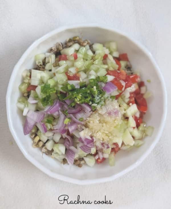 Chopped cucumber, tomato, onion, green chillies, cooked lentil sprouts and garlic in a white bowl.