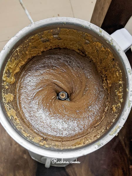 A shiny chocolate peanut butter after blending.