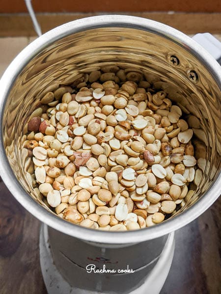Roasted peanuts are skinned and placed in blender 
