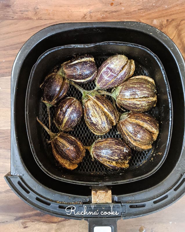 Aubergines after air frying in air fryer basket