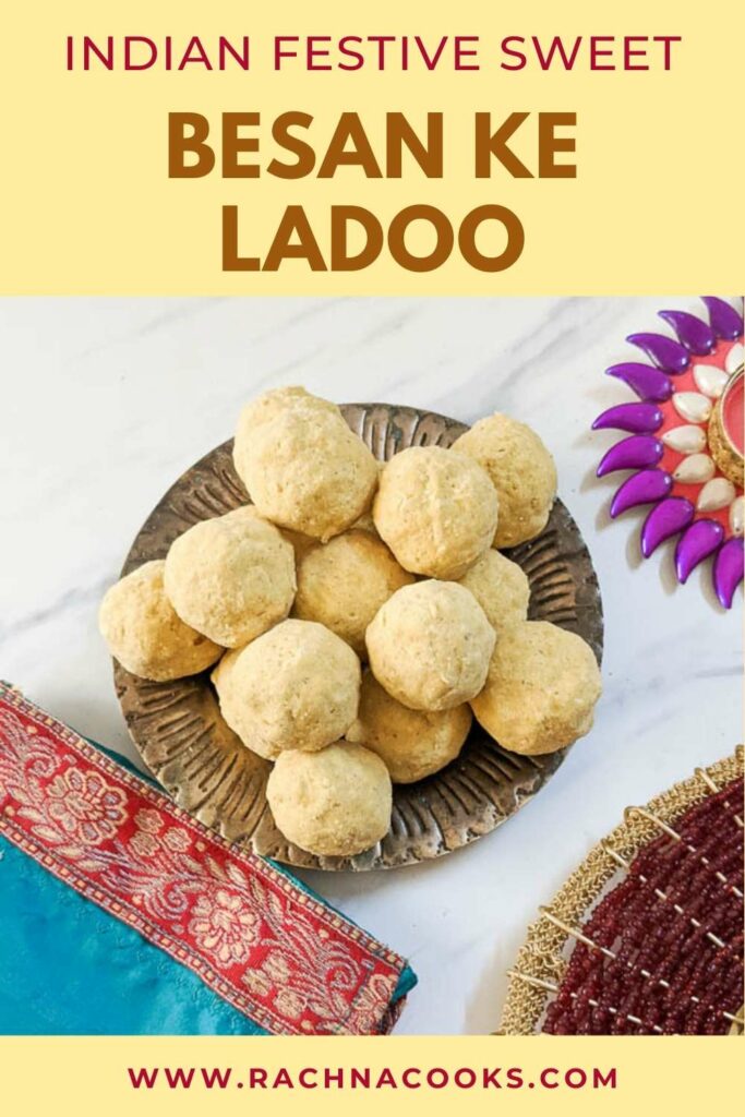 beautiful besan ladoos on a brass plate with an ethnic background.