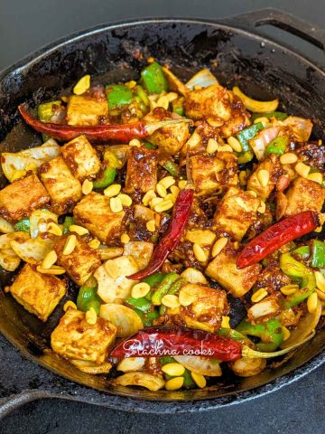 Delicious kung pao tofu served in a skillet