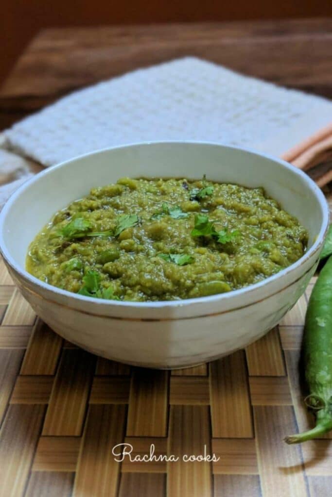 peas curry in a white bowl