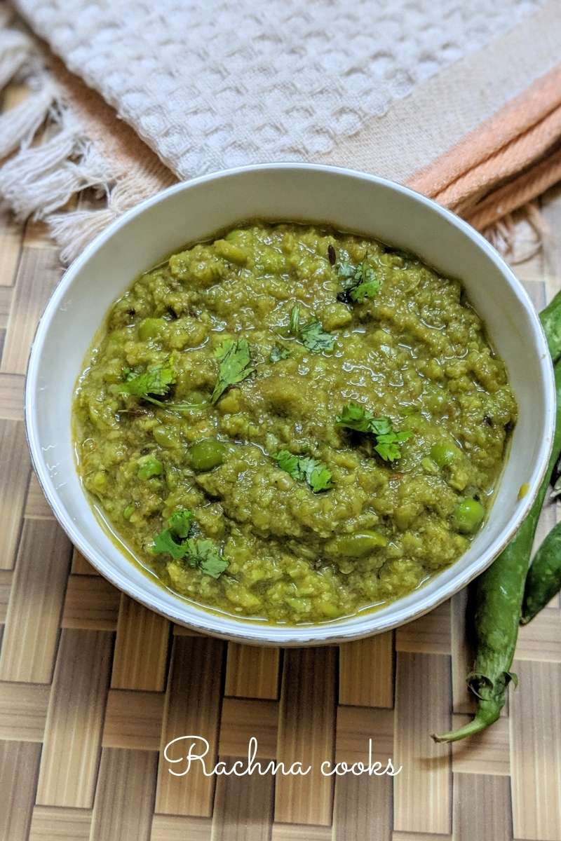 green peas curry in a white bowl