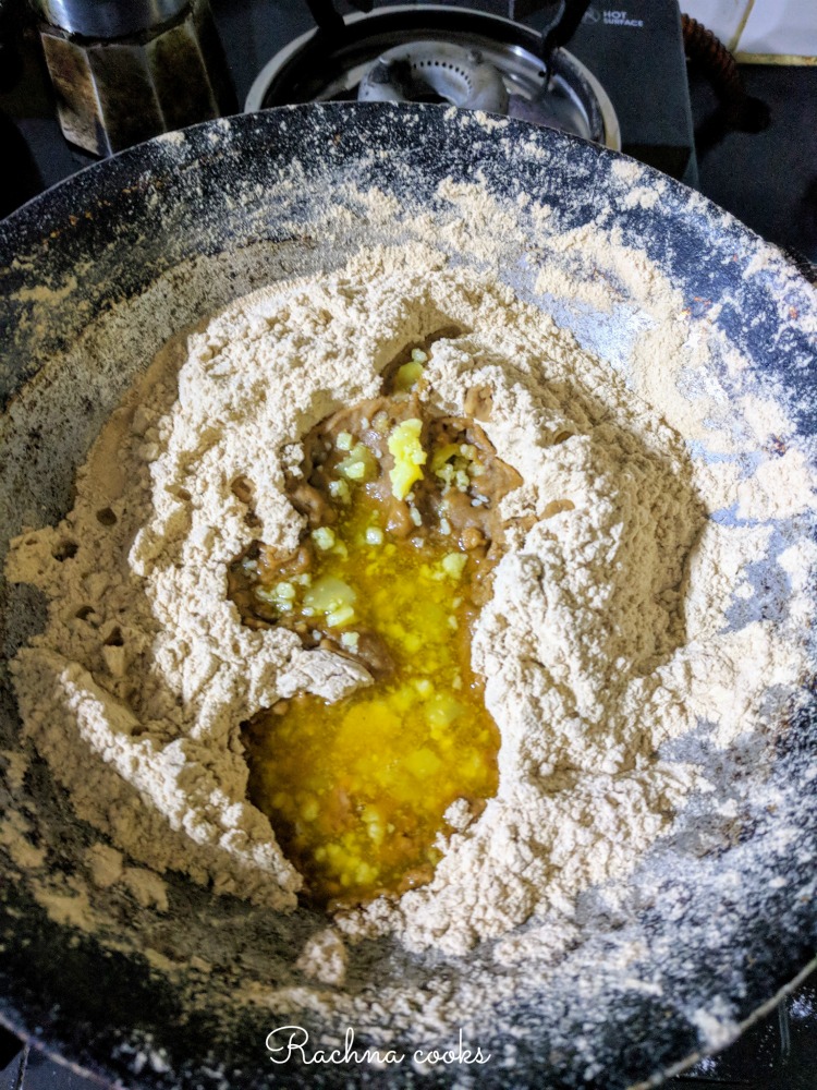 Ghee added to roasted wholewheat flour