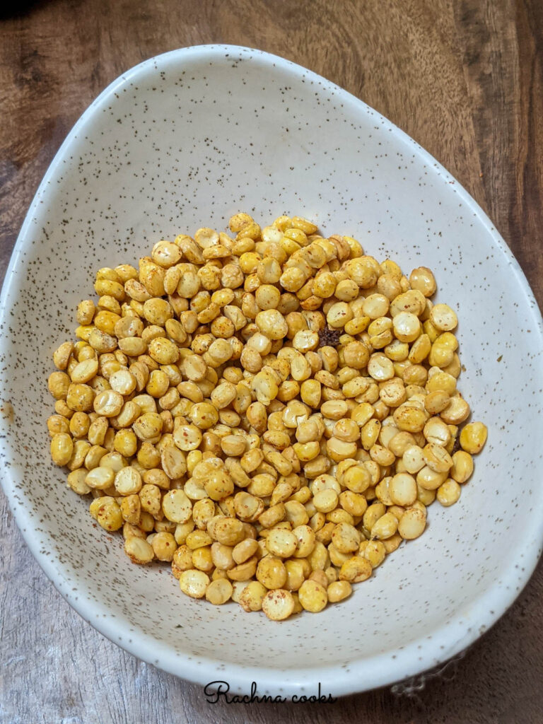 air fried dal lentils in a white bowl