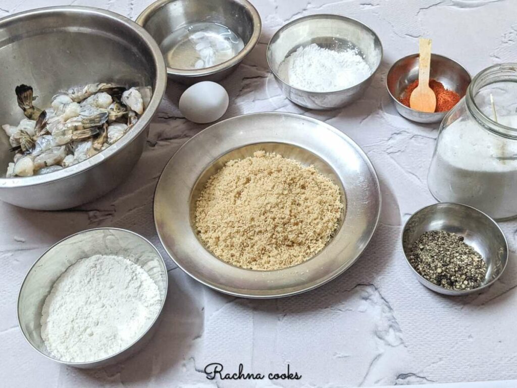 The ingredients set out to prepare tempura shrimp