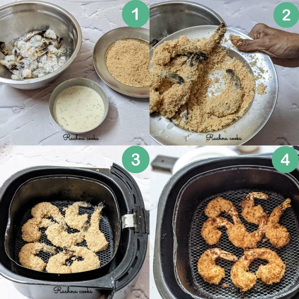 A collage of images showing the process for preparing air fryer shrimp tempura