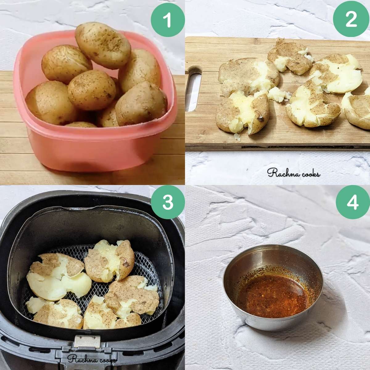 Process shots for making air fried smashed potatoes.