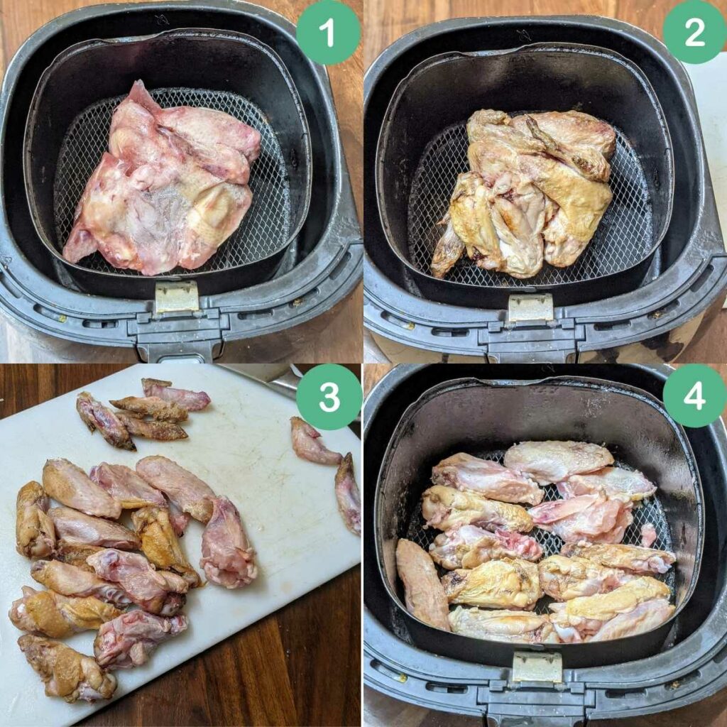 process shots showing frozen chicken wings air fried