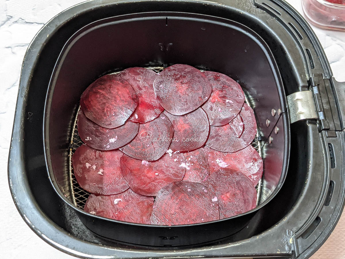 beet chips being made in air fryer