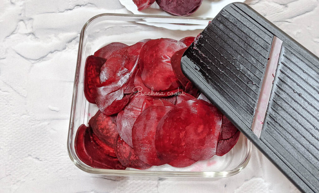 beetroot sliced into thin slices using a mandolin.