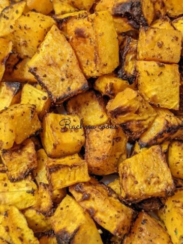 close up of air fried butternut squash cubes