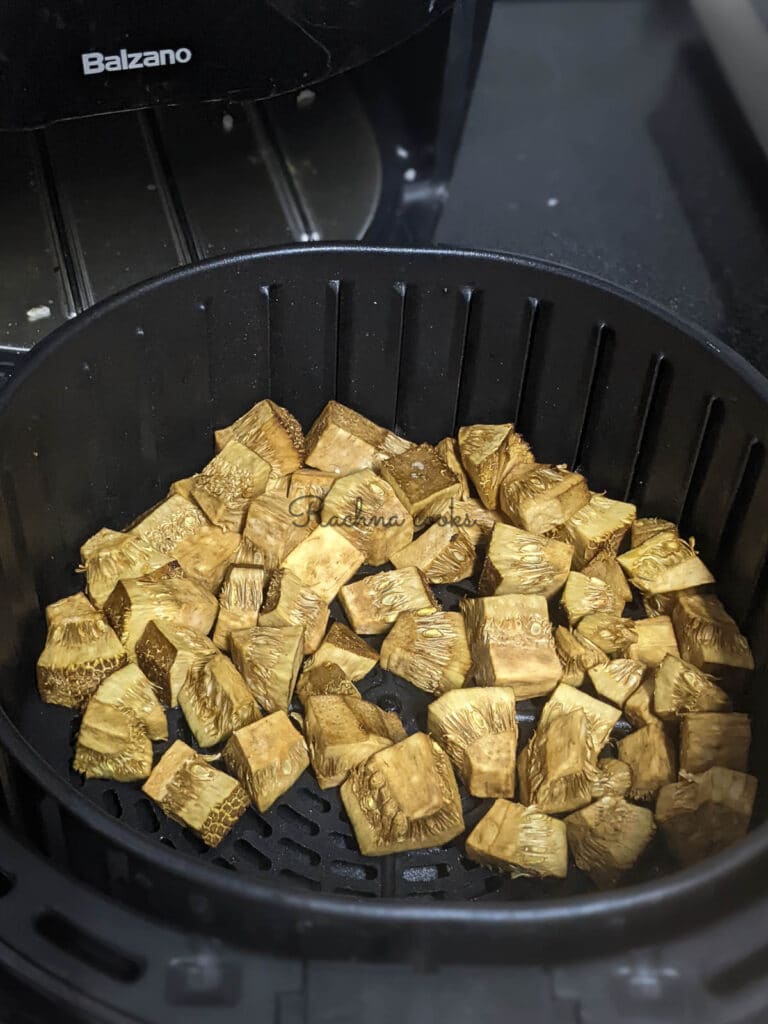Browned and air fried jackfruit pieces after air frying