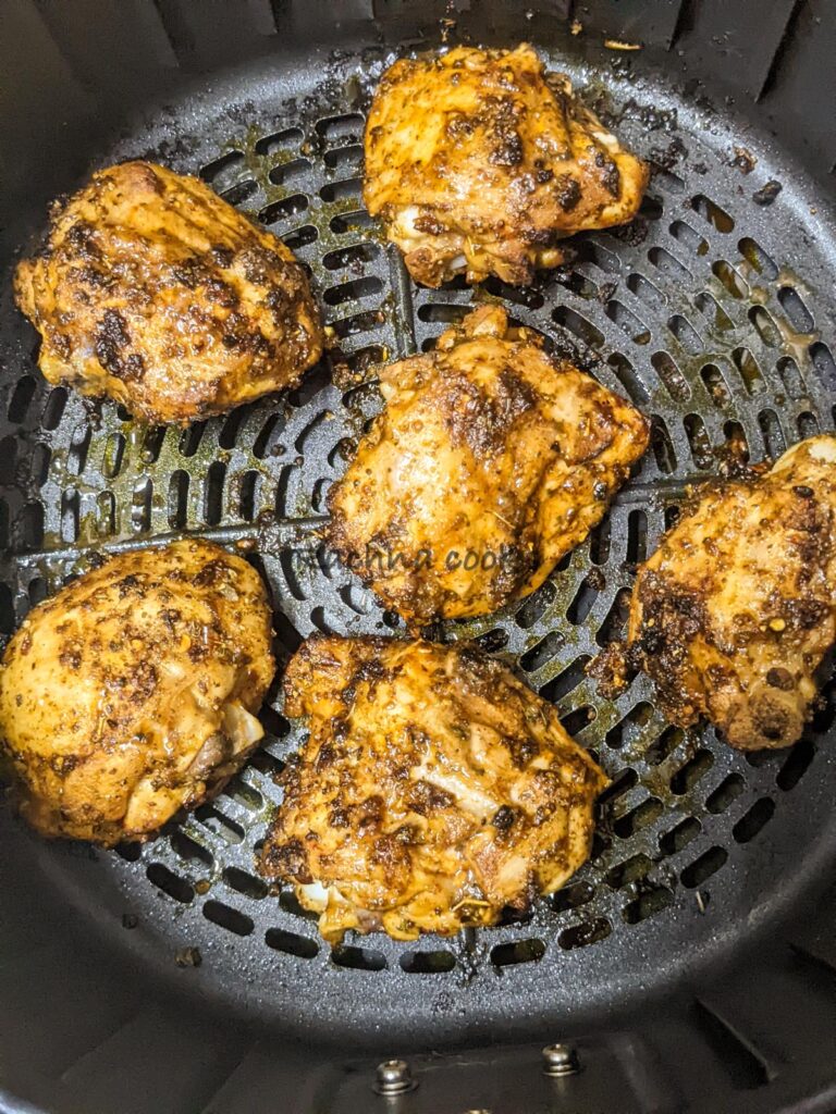 Gorgeous browned chicken thighs after cooking in air fryer.