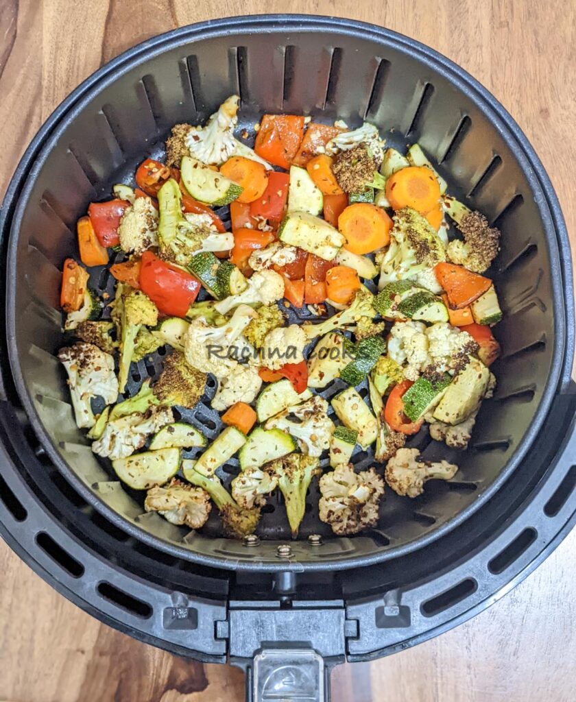 Vegetables after roasting in air fryer in air fryer basket