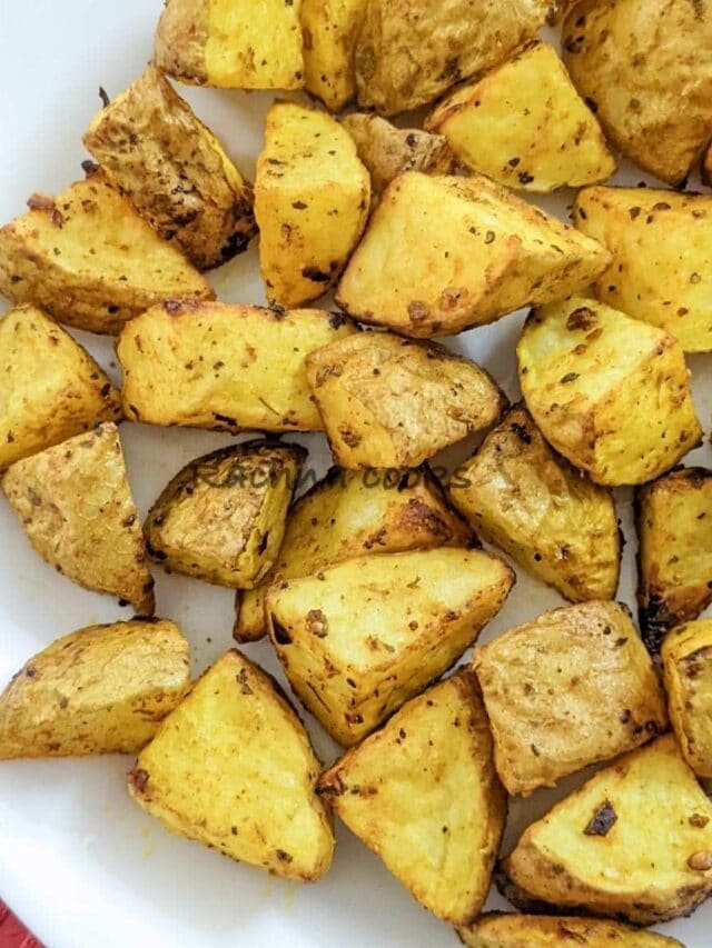 Close up shot of air fried breakfast potatoes.