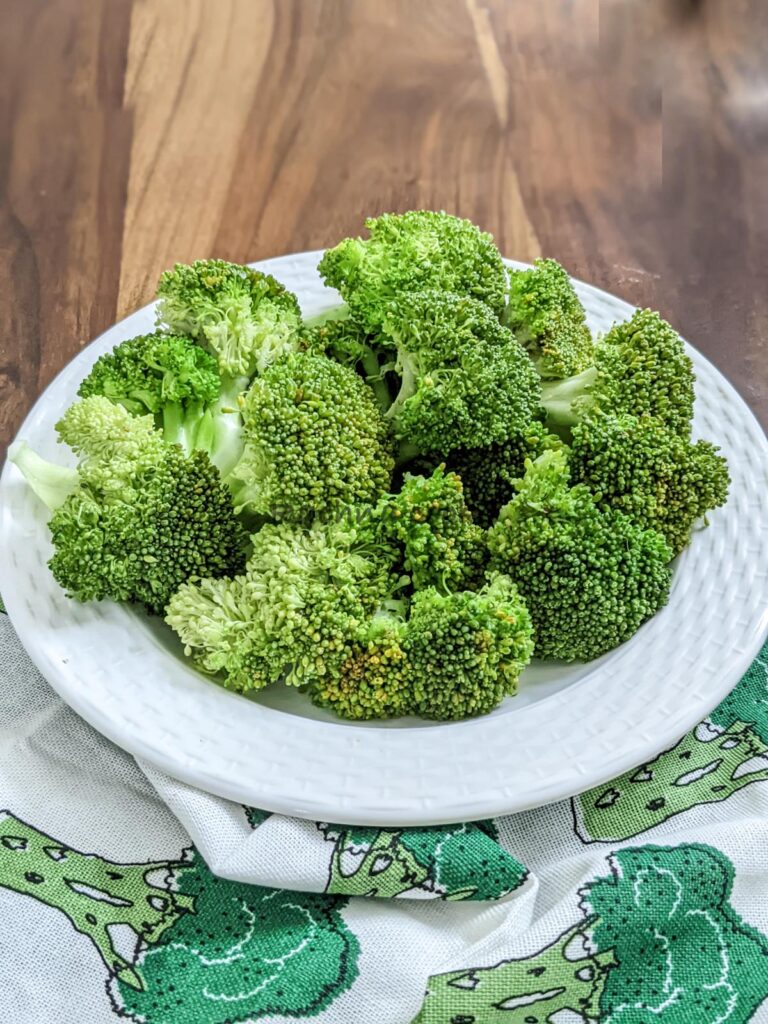 Steamed broccoli florets on a white plate