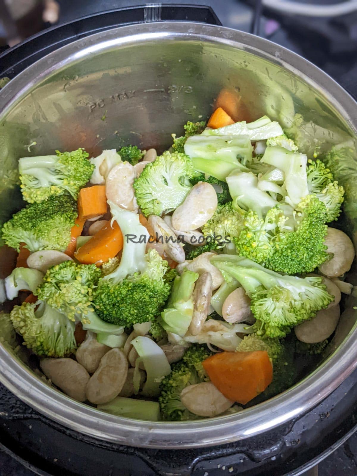Added broccoli, carrots and white beans to instant pot.