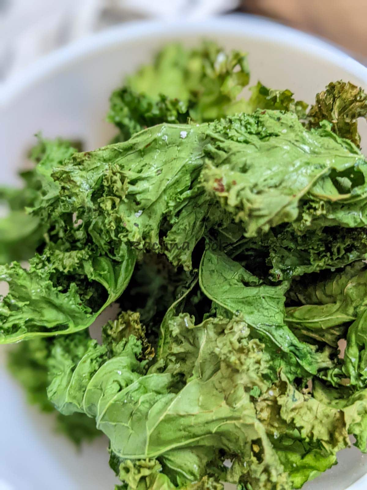 Close up of kale chips after air frying in a white bowl.