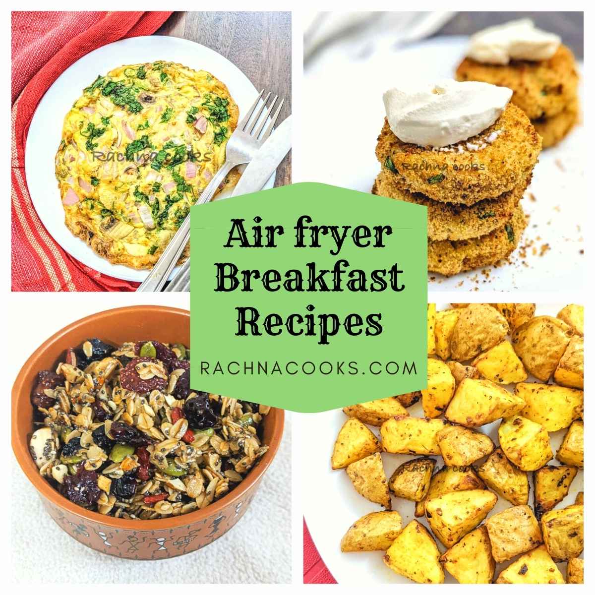 A collage of images showing various air fryer breakfast.