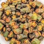 Close up of a plate of fried okra in air fryer