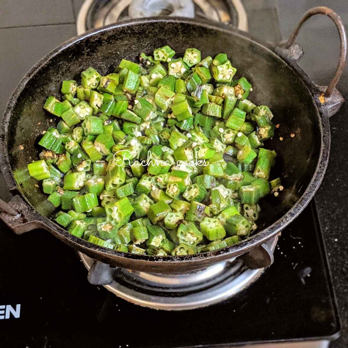 Okra in a skillet for cooking.