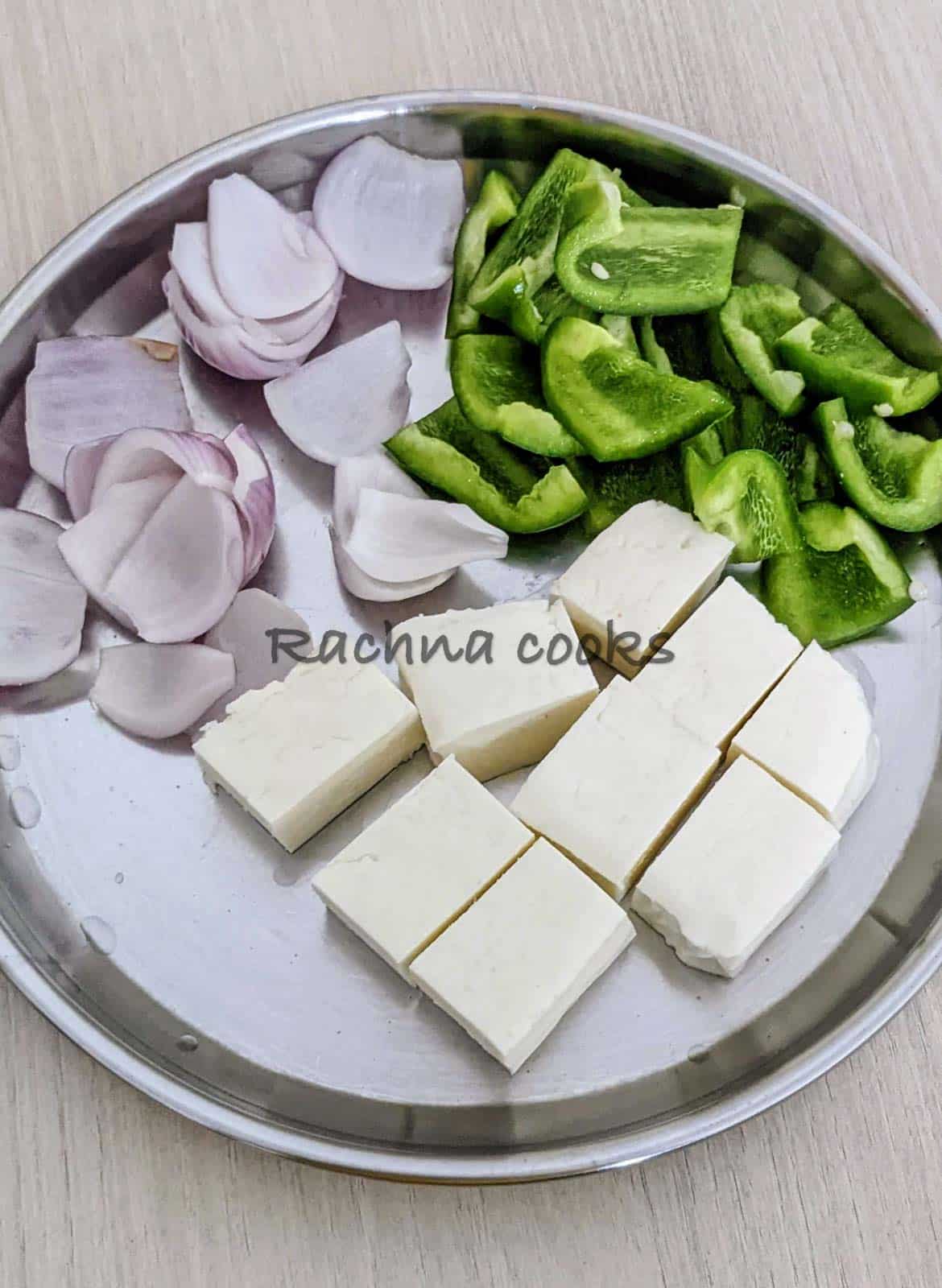 paneer, bell pepper and onion cut into cubes