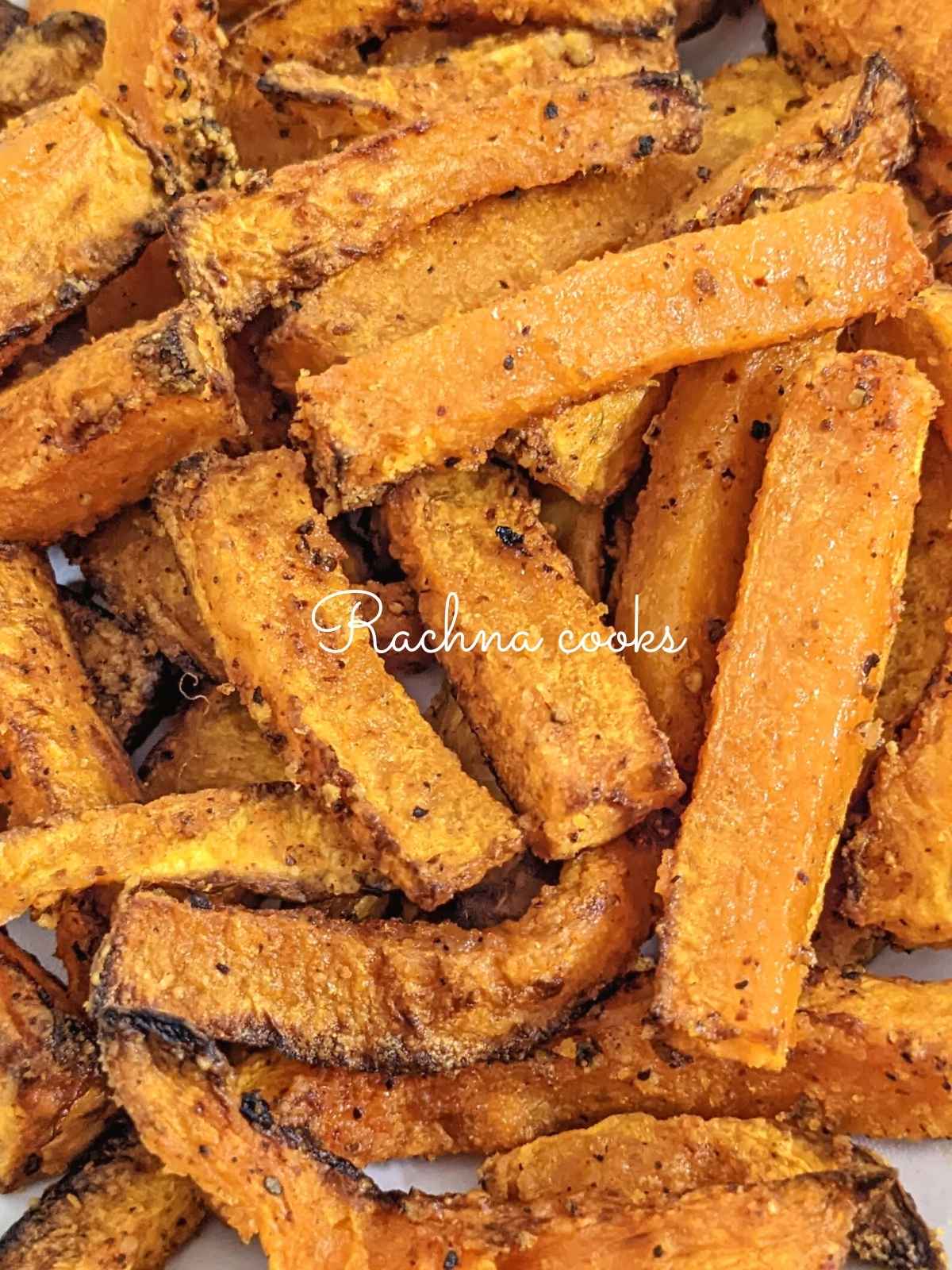 Close up of air fried butternut squash fries