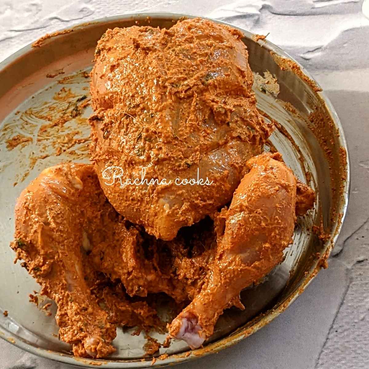 Whole chicken marinated in tandoori marinade