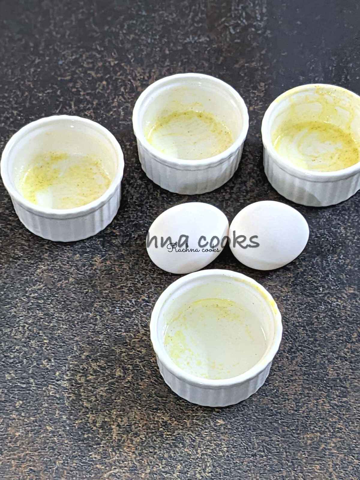 4 Ramekins brushed with oil along with 2 eggs