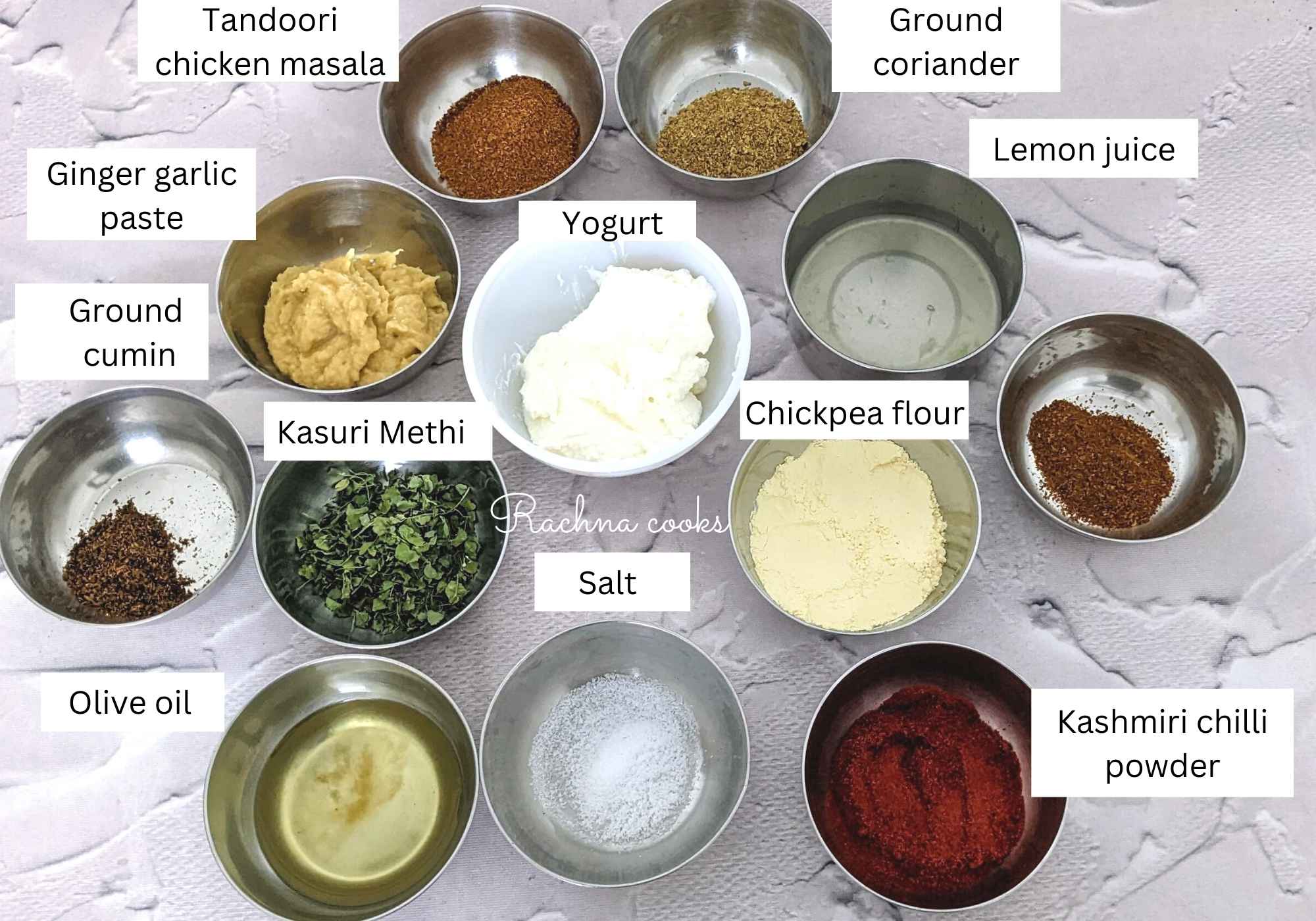 A flat lay showing the ingredients for the tandoori marinade