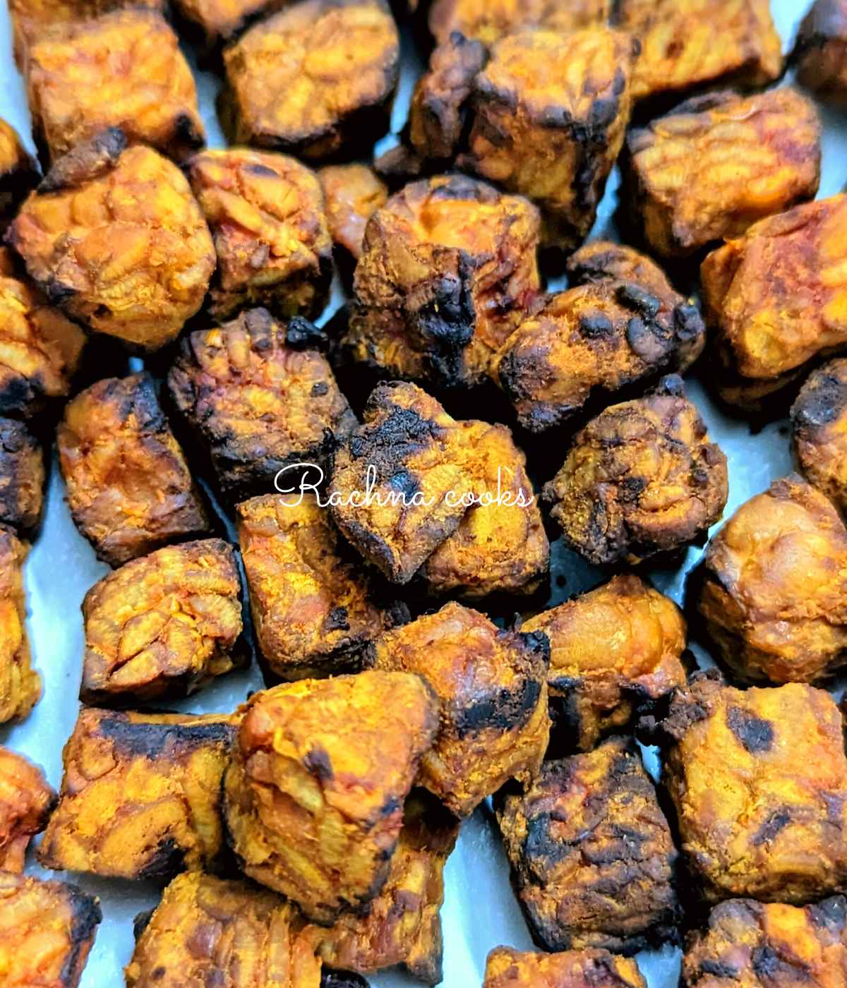Close up of crispy air fried tempeh
