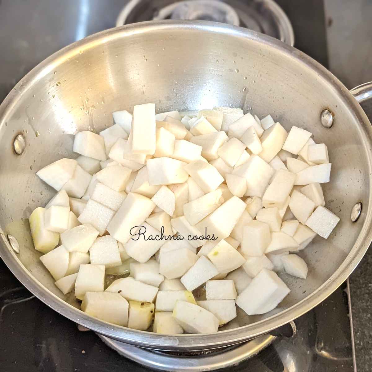 A pan with cubed turnips.