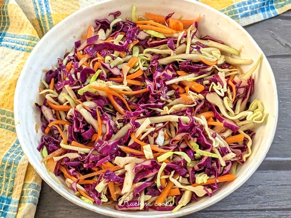 Colorful cabbage and carrot salad in a white bowl