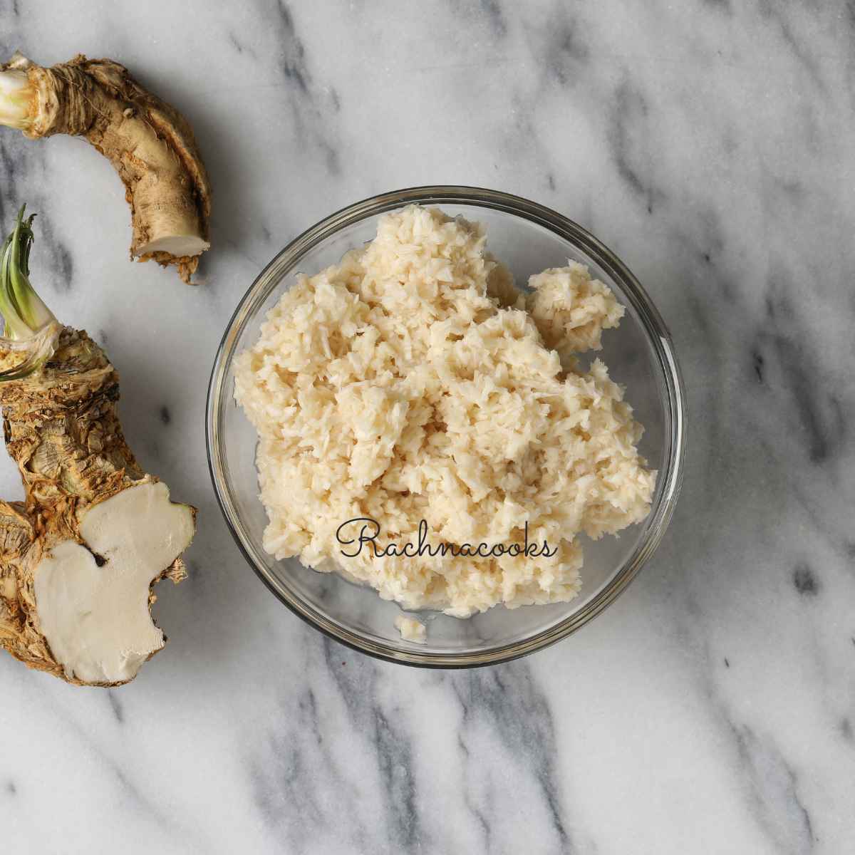 Grated horseradish in a bowl