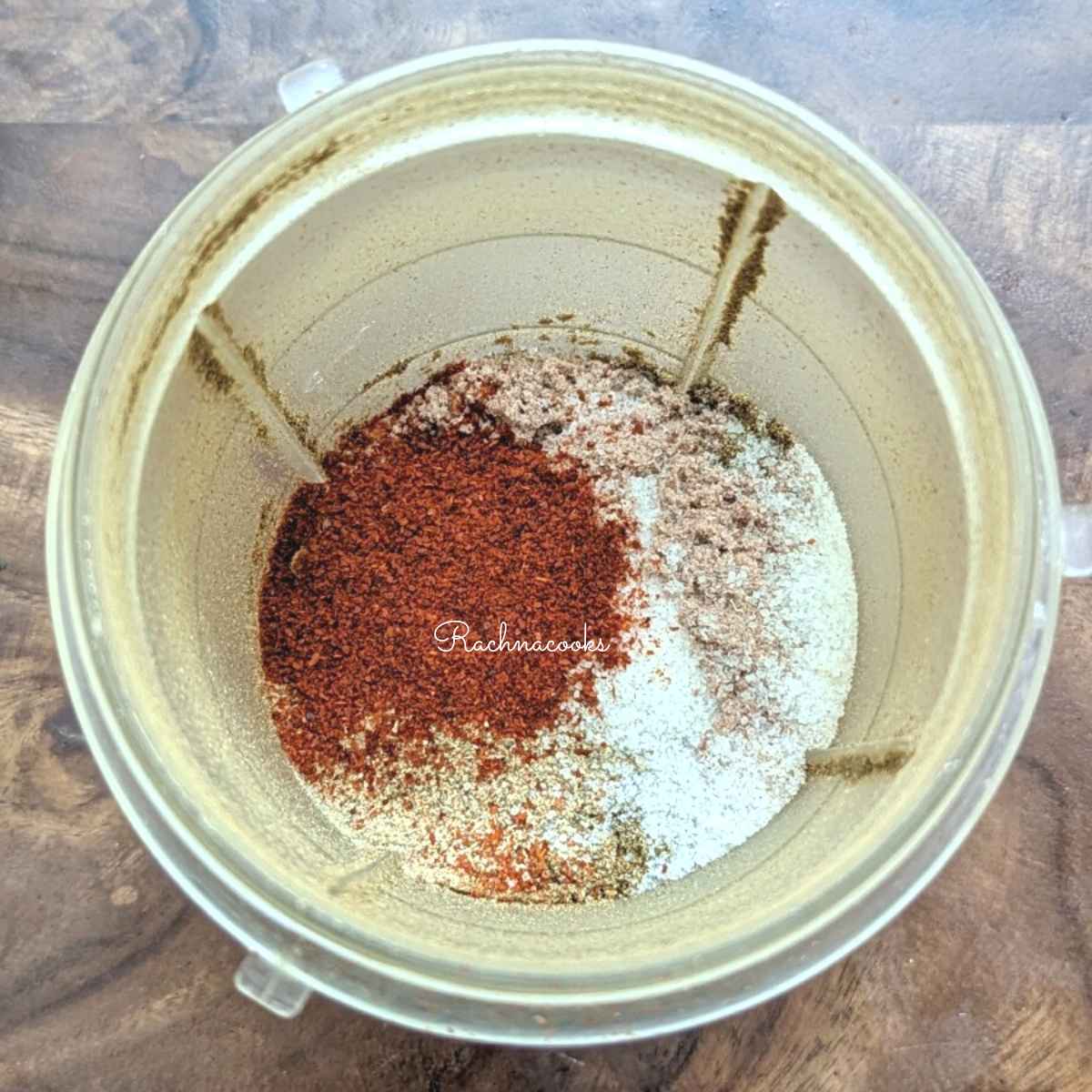 salt, black salt. amchur powder, hing and chilli powder (optional) added to the powdered spices in the blender.