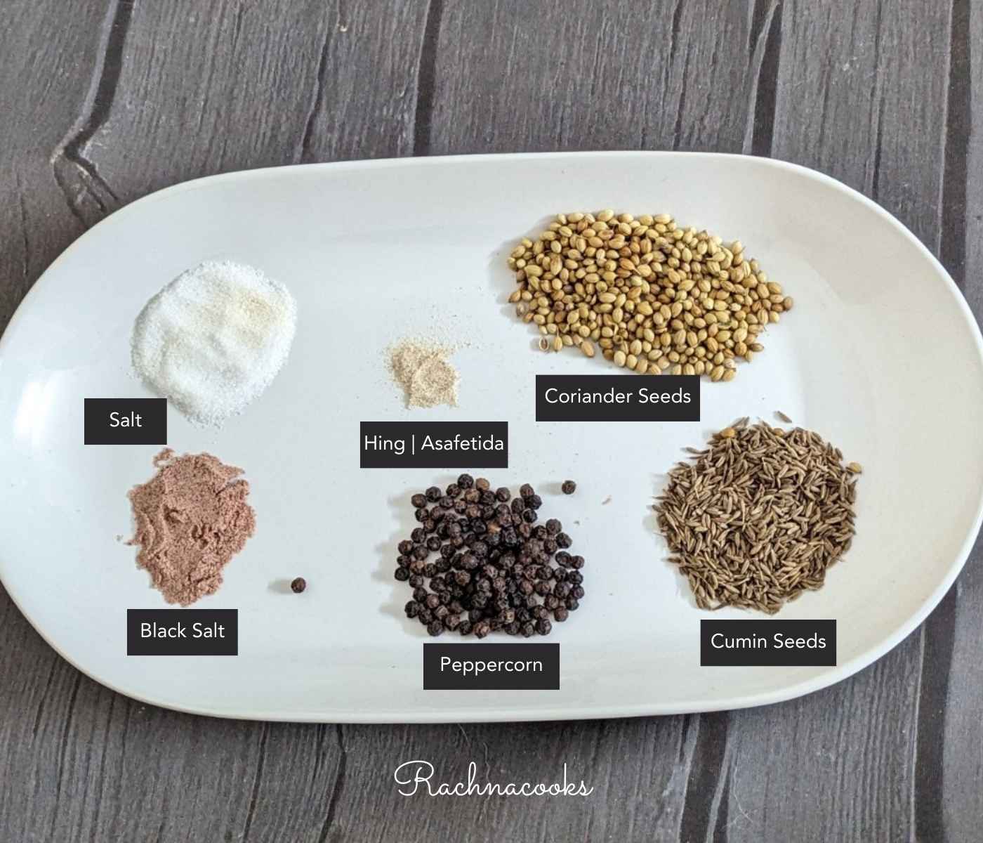 Ingredients for chaat masala in a plate. Includes cumin seeds, coriander seeds, hing, peppercorn, black salt, salt and amchur powder.