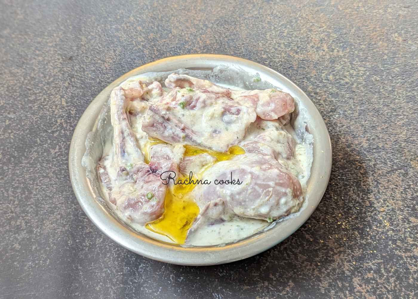 Chicken pieces marinated in yogurt, spices and ghee.