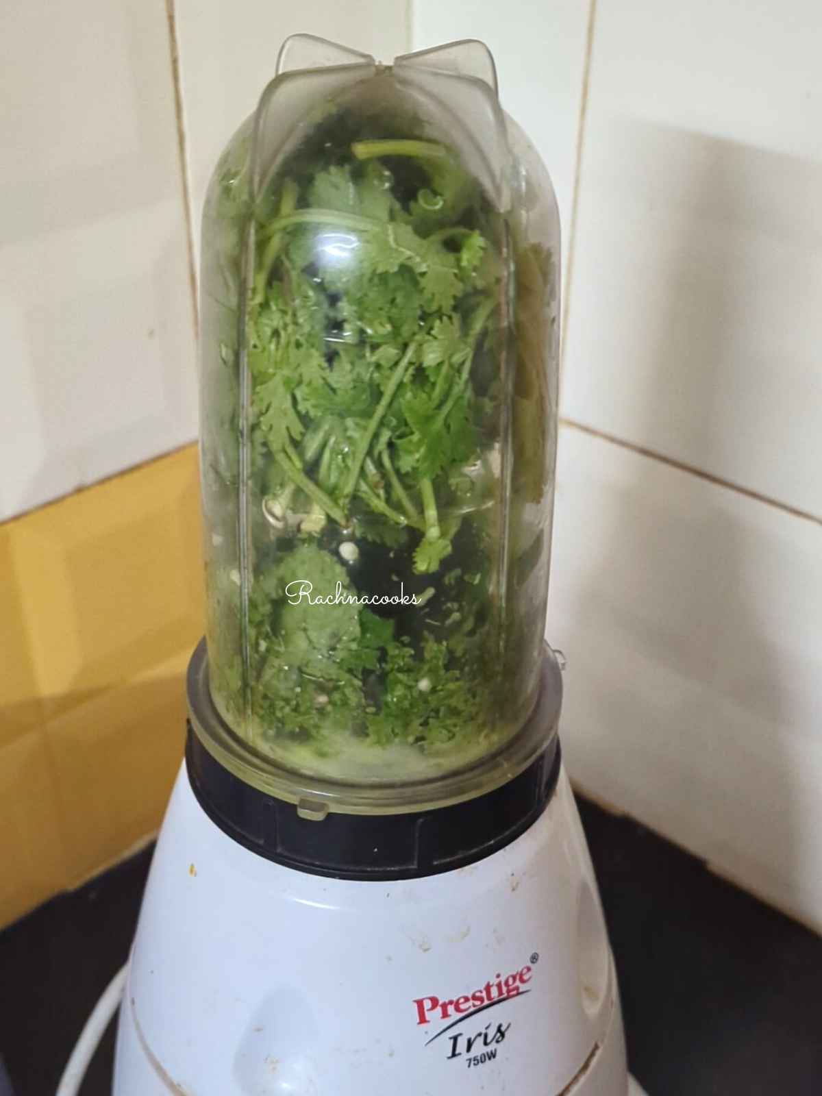 Ginger, garlic, chilli, cilantro leaves and mint in a blender jar for blending.