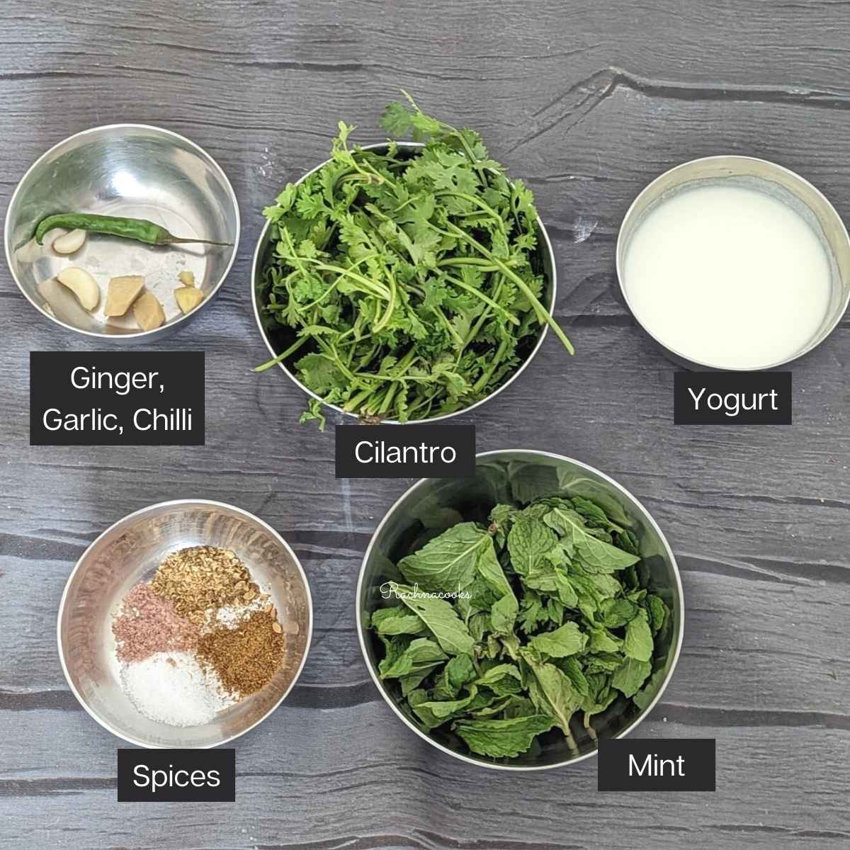 Ingredients for indian mint chutney: yogurt, cilantro leaves, mint, ginger, garlic, chillies and spices in bowls