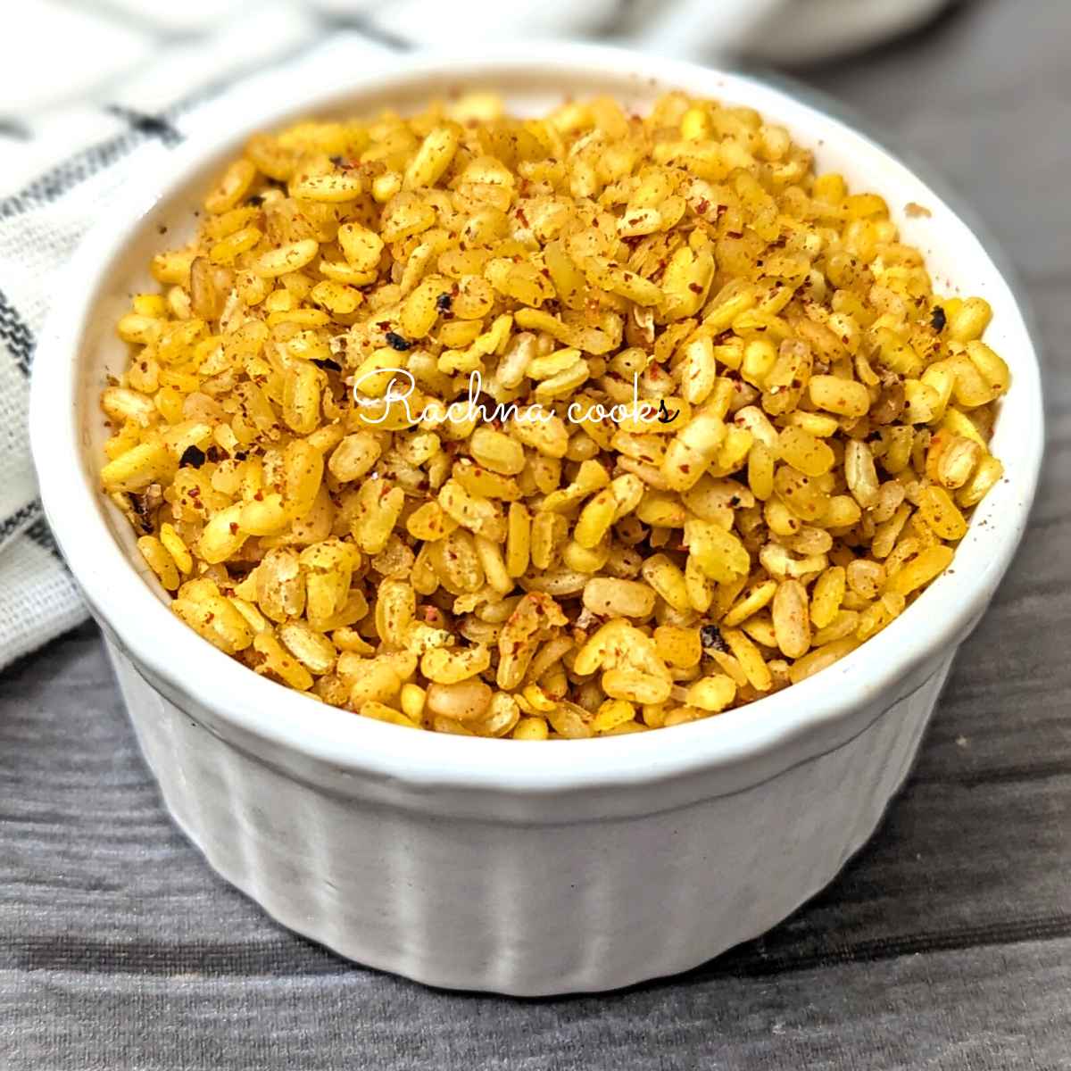 Air fried moong dal served in a white bowl.