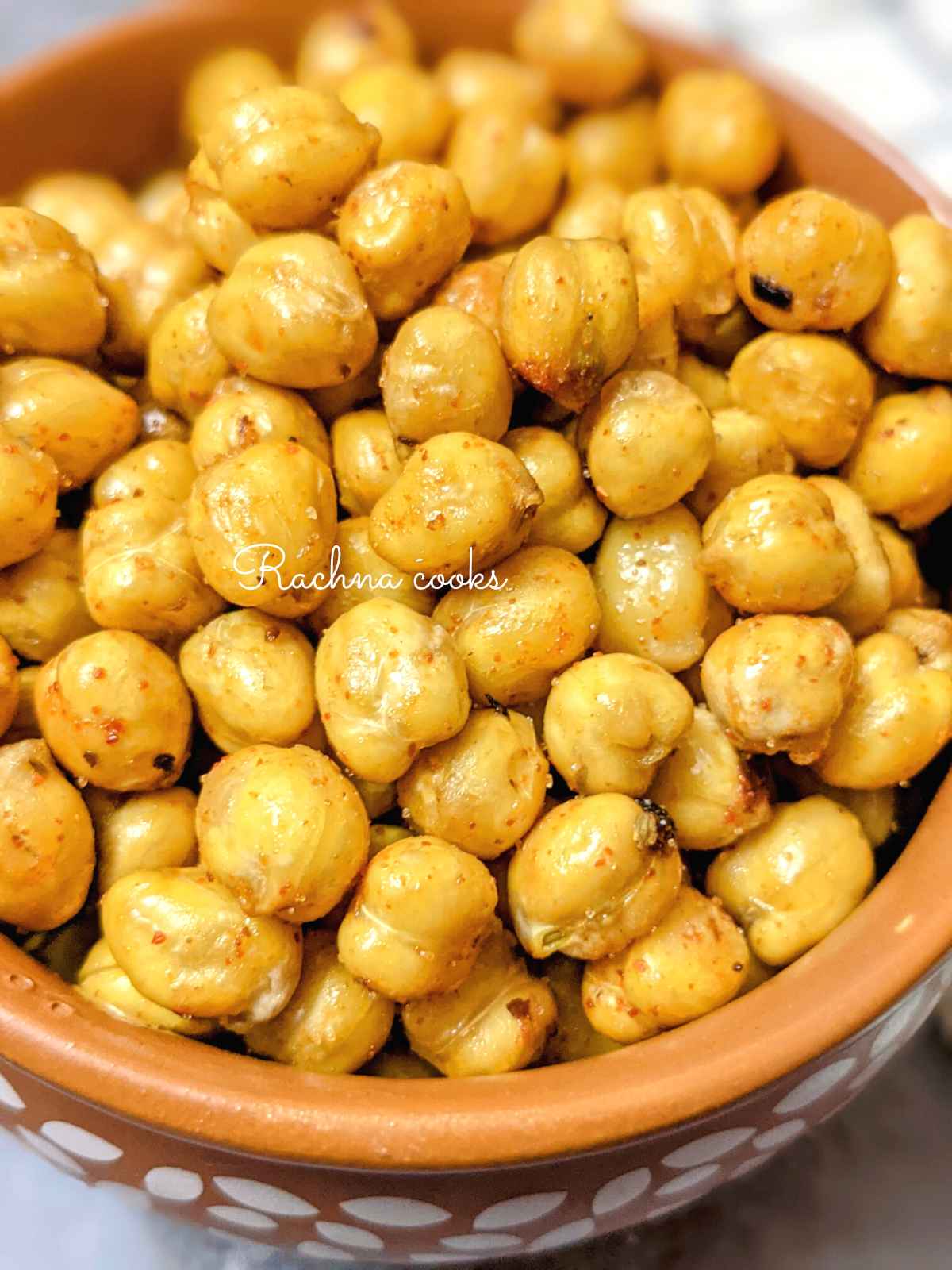 Close up of air fried chickpeas in a bowl