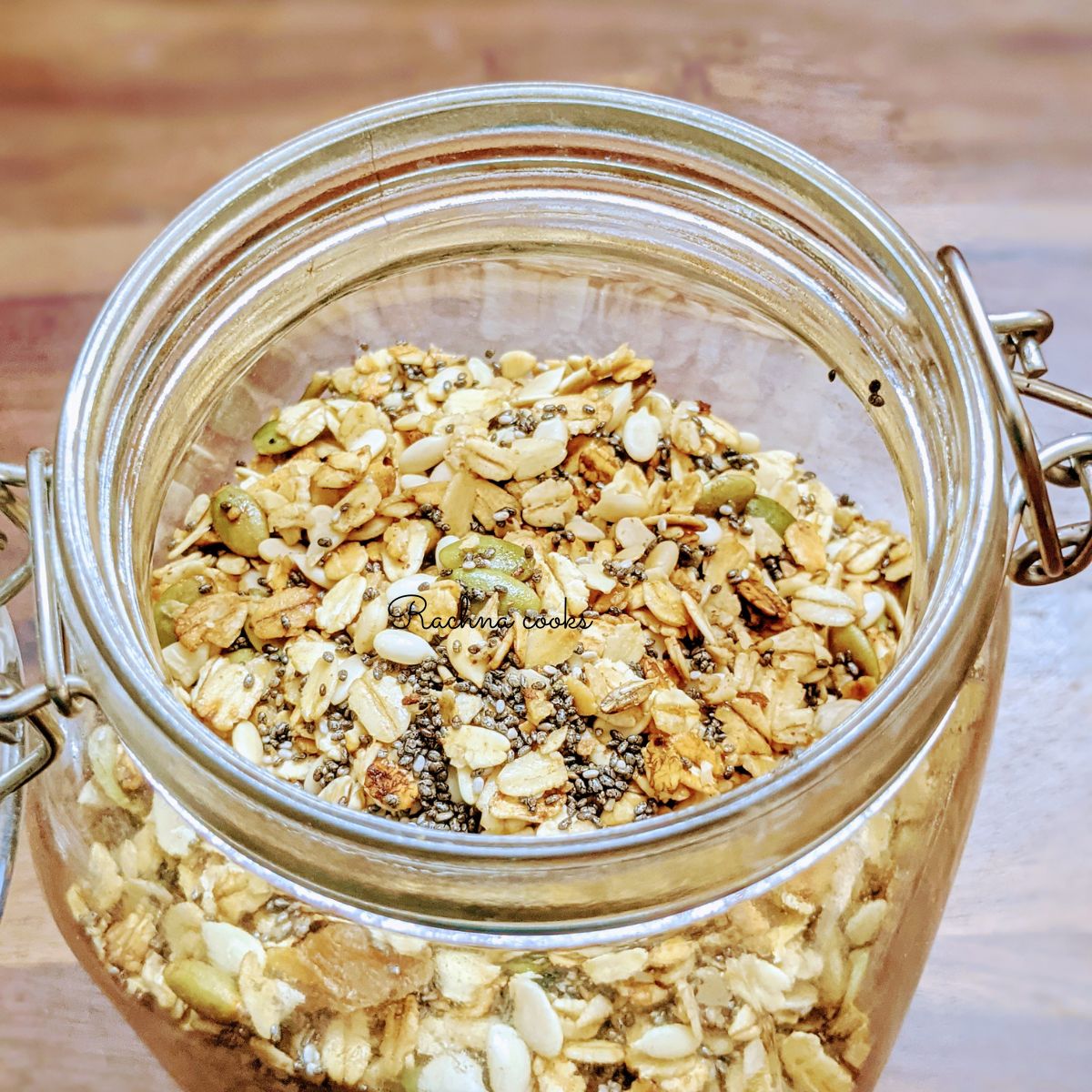 Top view of air fryer granola in a glass jar.