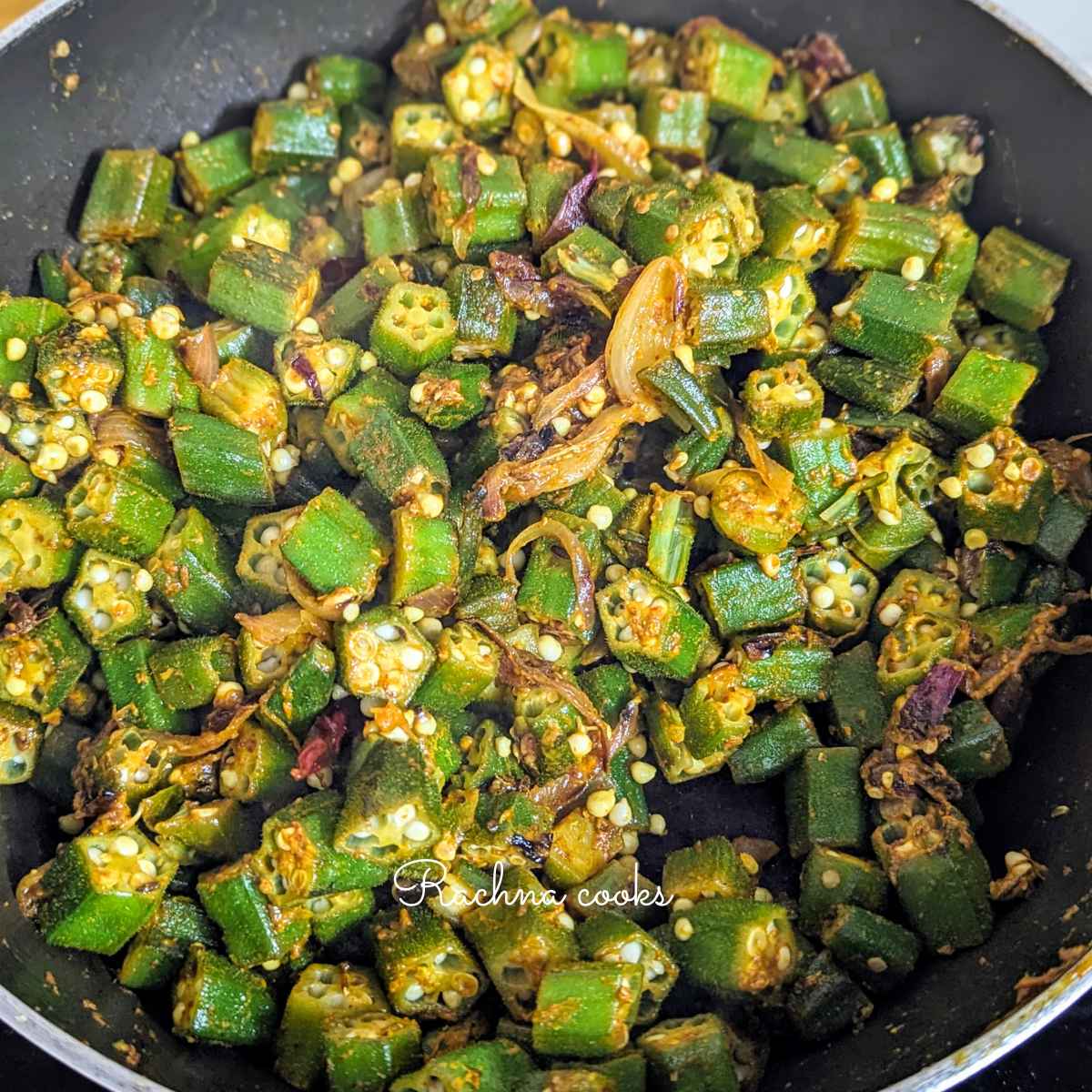 Cooked okra or bhindi masala in the pan.