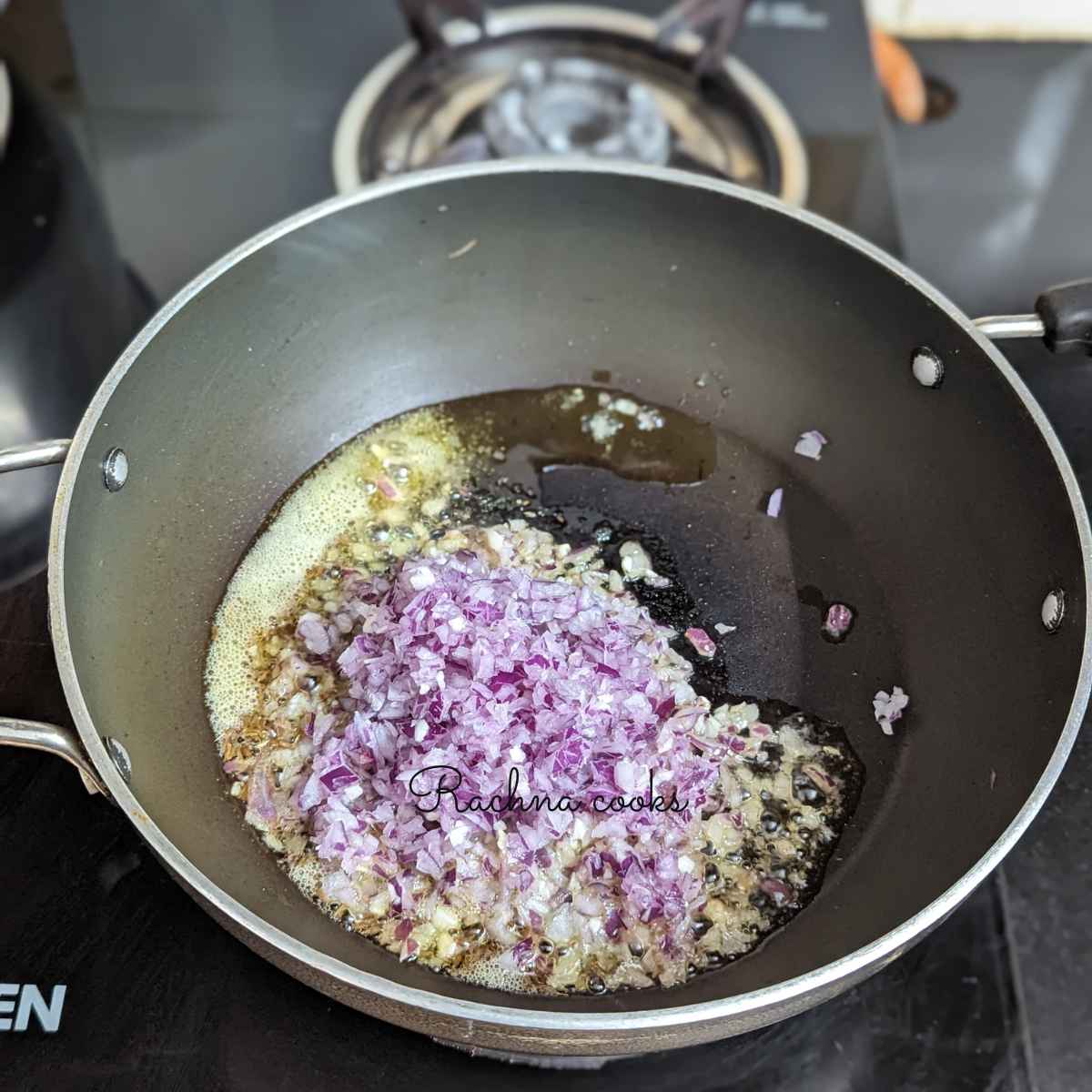 Chopped onion added to the tempering.