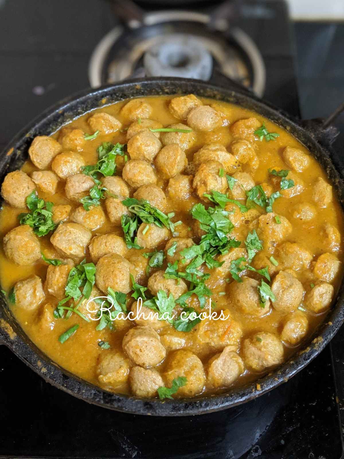 Soya chunks curry in a pan.